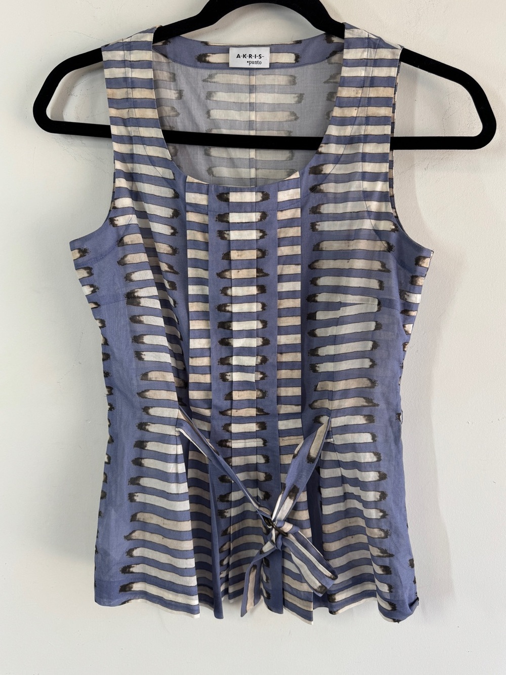 Akris Punto Cotton Sleeveless Tie Waist Blouse Blue White Swiss Luxury XXS